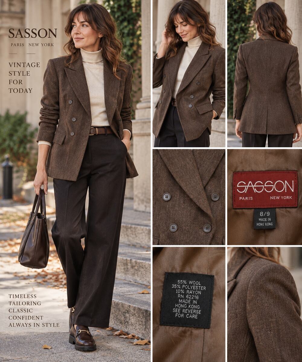 Vintage 80s Sasson Brown Wool Double Breasted Blazer 8/9 Tailored Jacket